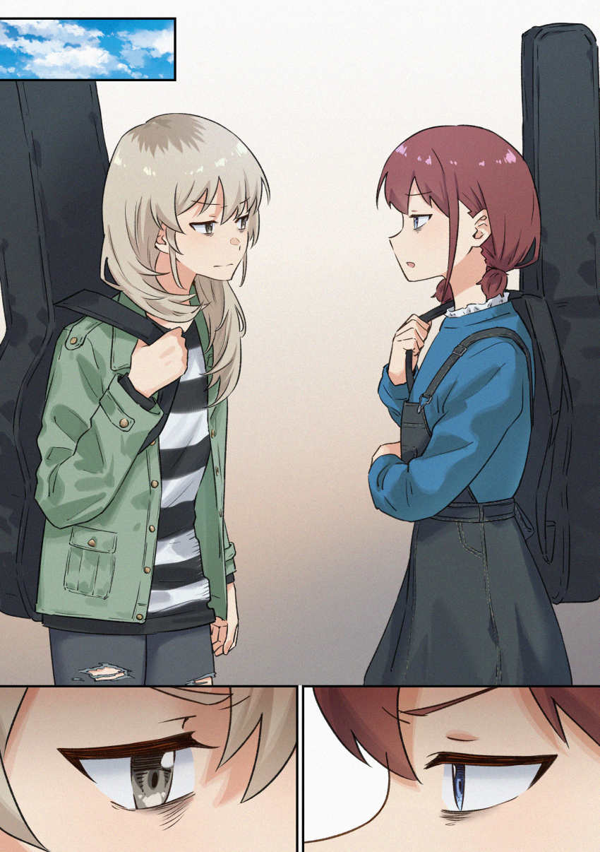 2girls absurdres bags_under_eyes black_overalls black_shirt blue_eyes blue_sweater brown_hair commentary english_commentary girls_band_cry green_jacket grey_eyes grey_hair guitar_case highres instrument_case instrument_on_back iseri_nina jacket kawaragi_momoka long_hair low_twintails multicolored_hair multiple_girls overalls roots_(hair) shirt short_hair short_twintails striped_clothes striped_shirt summer_left sweater twintails