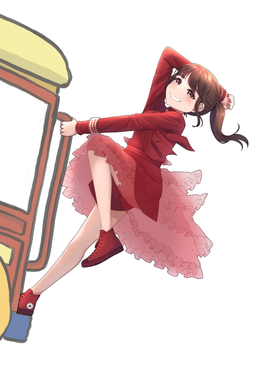 1girl absurdres animification arm_up blunt_bangs brown_eyes brown_hair commentary dress english_commentary frilled_dress frilled_skirt frills full_body grin highres jacket leg_up long_hair long_sleeves looking_at_viewer ponytail real_life red_jacket red_shirt red_shoes red_shorts saitou_shuka see-through_clothes see-through_skirt shirt shoes shorts sidelocks simple_background ska.harumi skirt smile solo streetcar voice_actor white_background