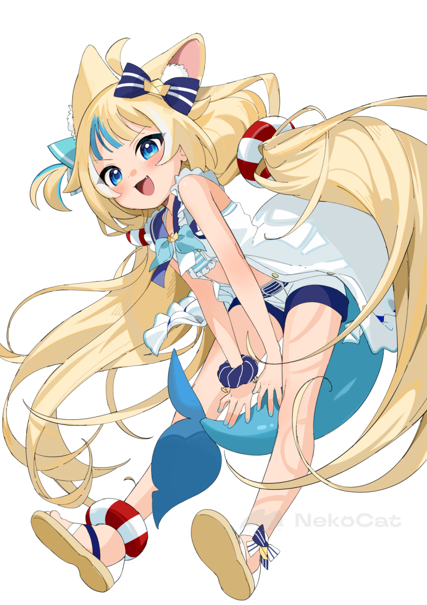 1girl ahoge animal_ear_fluff animal_ears blonde_hair blue_bow blue_eyes blue_nails blue_streaks blunt_bangs bow cat_ears dress fang fins fish_girl fish_tail full_body gotoh_(nekocat) hair_bow highres indie_virtual_youtuber lifebuoy_hair_ornament light_blush long_hair looking_at_viewer low_twintails multicolored_hair open_mouth sameko_saba sandals scrunchie short_shorts shorts sleeveless sleeveless_dress smile solo streaked_hair tail twintails very_long_hair virtual_youtuber white_dress white_shorts wrist_scrunchie