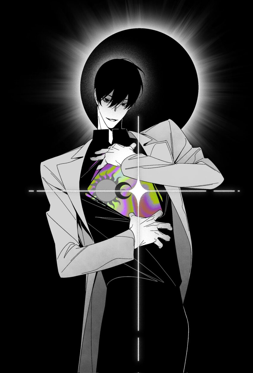 :d benkdjjituibot black_eyes black_hair black_shirt coat collared_shirt crescent_moon dismemberment double-parted_bangs eclipse greyscale grin hair_between_eyes hand_on_own_chest head_tilt highres hole_in_chest hole_on_body looking_at_viewer monochrome moon omniscient_reader&#039;s_viewpoint open_mouth opening rainbow_gradient self-harm shirt shirt_tug short_hair smile solar_eclipse sparkle spot_color sun sun_behind_head twisted_torso vivisection white_coat