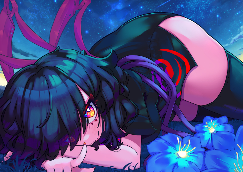 1girl asymmetrical_wings black_dress black_hair black_thighhighs blue_flower blue_wings closed_mouth commentary_request dress flower fub_(fubimanji) happy highres houjuu_nue lying night night_sky nue_day on_stomach pointing red_eyes red_wings short_dress side_slit sky smile solo thighhighs touhou wings