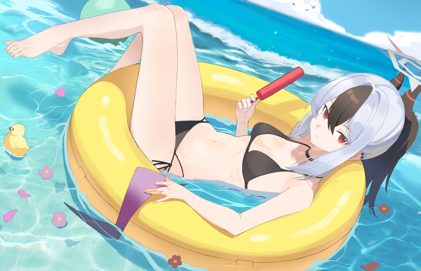 1girl absurdres alternate_costume bare_arms bare_legs bare_shoulders barefoot bikini black_bikini black_choker black_hair blue_archive breasts choker closed_mouth demon_girl demon_horns food grey_halo hair_between_eyes halo highres holding holding_food holding_popsicle horns ice_cream inflatable_toy kayoko_(blue_archive) long_hair looking_at_viewer multicolored_hair navel ocean ponytail popsicle red_eyes rubber_duck shadow117 sidelocks solo stomach swim_ring swimsuit two-tone_hair water white_hair