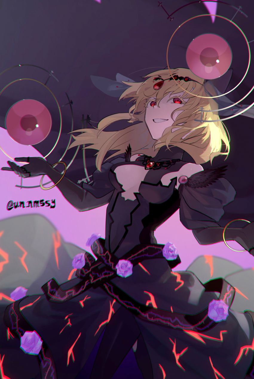 1girl absurdres ahoge black_gloves black_legwear blonde_hair bracelet breasts cape circlet cleavage colored_eyelashes commentary_request cowlick dress flower gem gloves grin highres isabeau_de_baviere_(madoka_magica) jewelry long_dress long_hair magia_record:_mahou_shoujo_madoka_magica_gaiden mahou_shoujo_madoka_magica mahou_shoujo_tart_magica medium_breasts messy_hair necklace purple_flower purple_rose queen red_eyes ring rose smile solo strapless strapless_dress tall_female un_nm5sy wavy_hair