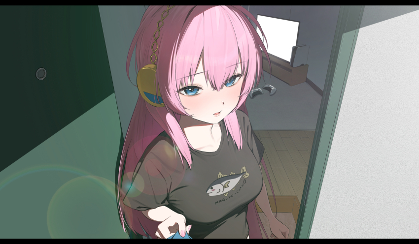 1girl 1other animal_print bananafish1111 black_shirt blue_eyes blush breasts clothes_pull commentary controller door doorway dualshock fish_print game_console game_controller gamepad headphones highres large_breasts lens_flare letterboxed long_hair looking_at_viewer megurine_luka open_door parted_lips pink_hair pink_nails playstation_5 playstation_controller pov shirt shirt_pull shirt_tug short_sleeves television upper_body vocaloid