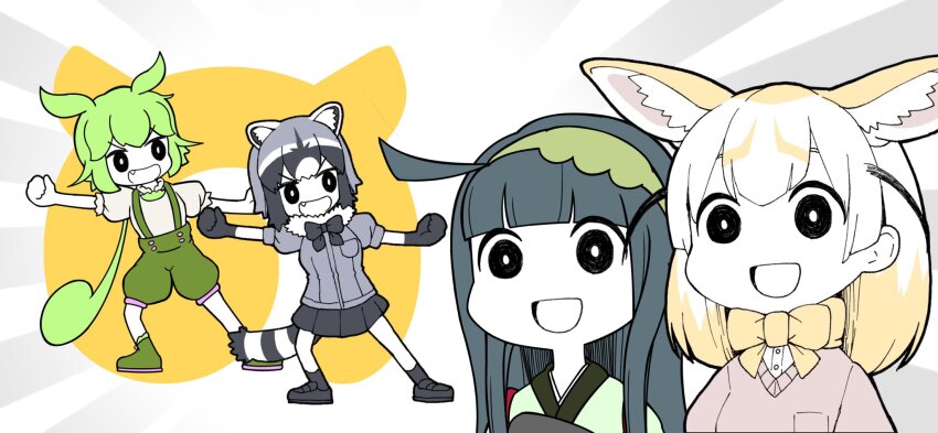 animal_ears black_hair blonde_hair bow bowtie cardigan common_raccoon_(kemono_friends) elbow_gloves extra_ears fennec_(kemono_friends) ganonyuta gloves green_hair grey_hair hairband highres japanese_clothes japari_symbol kemono_friends kemono_friends_3 kimono long_hair pantyhose ponytail shirt shoes short_hair shorts simple_background skirt suspender_shorts suspenders tail touhoku_zunko voiceroid voicevox zundamon