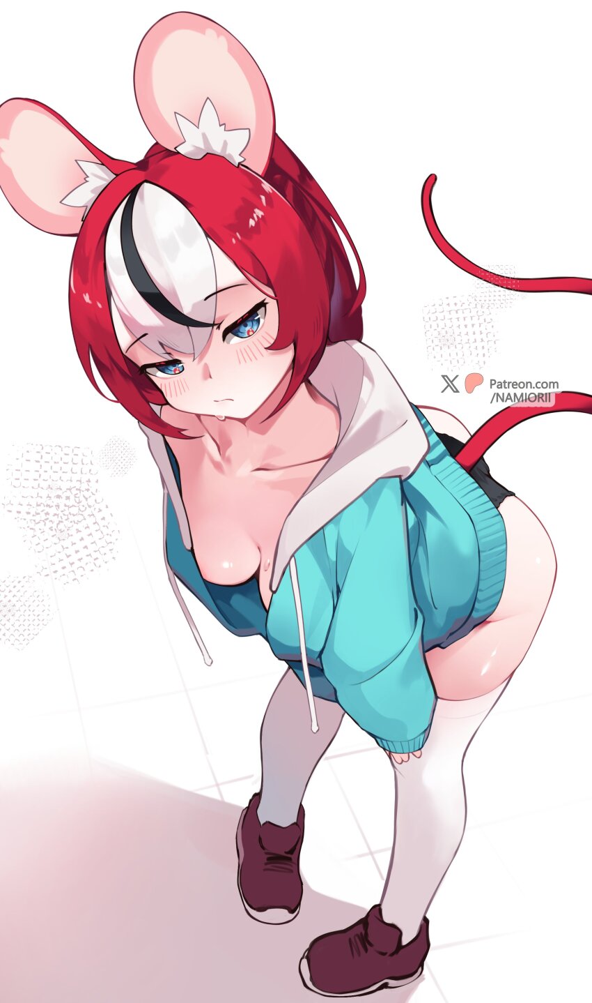 1girl absurdres alternate_costume animal_ears aqua_hoodie artist_name black_panties black_streaks blush breasts brown_shoes cleavage collarbone commentary double-parted_bangs downblouse from_above hakos_baelz half-closed_eyes highres hololive hololive_english hood hood_down jitome leaning_forward long_hair looking_at_viewer medium_breasts mouse_ears mouse_tail multicolored_hair namiorii no_pants panties pantylines pigeon-toed red_hair shoes sidelocks solo standing streaked_hair sweat symbol-only_commentary tail thighhighs underwear virtual_youtuber white_hair white_thighhighs