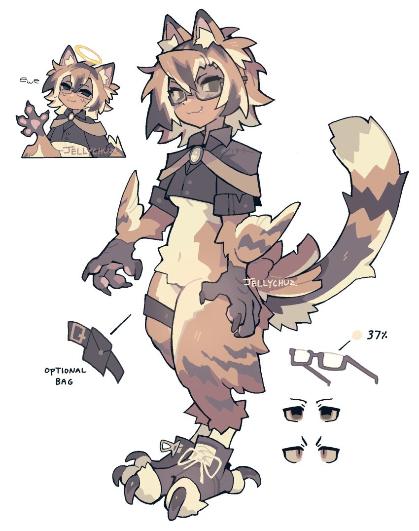 1girl :3 animal_ears animal_feet animal_hands bird_girl bird_legs black_shirt blonde_hair body_fur breasts brown_eyes brown_fur brown_hair brown_wings cat_ears cat_girl cat_tail claws colored_inner_hair commentary cropped_shirt dark-skinned_female dark_skin english_commentary fang fang_out feathered_wings full_body glasses highres jellychuz looking_at_viewer monster_girl multicolored_hair original pouch reference_sheet shirt short_hair simple_background standing tail talons thigh_pouch underboob white_background winged_arms wings