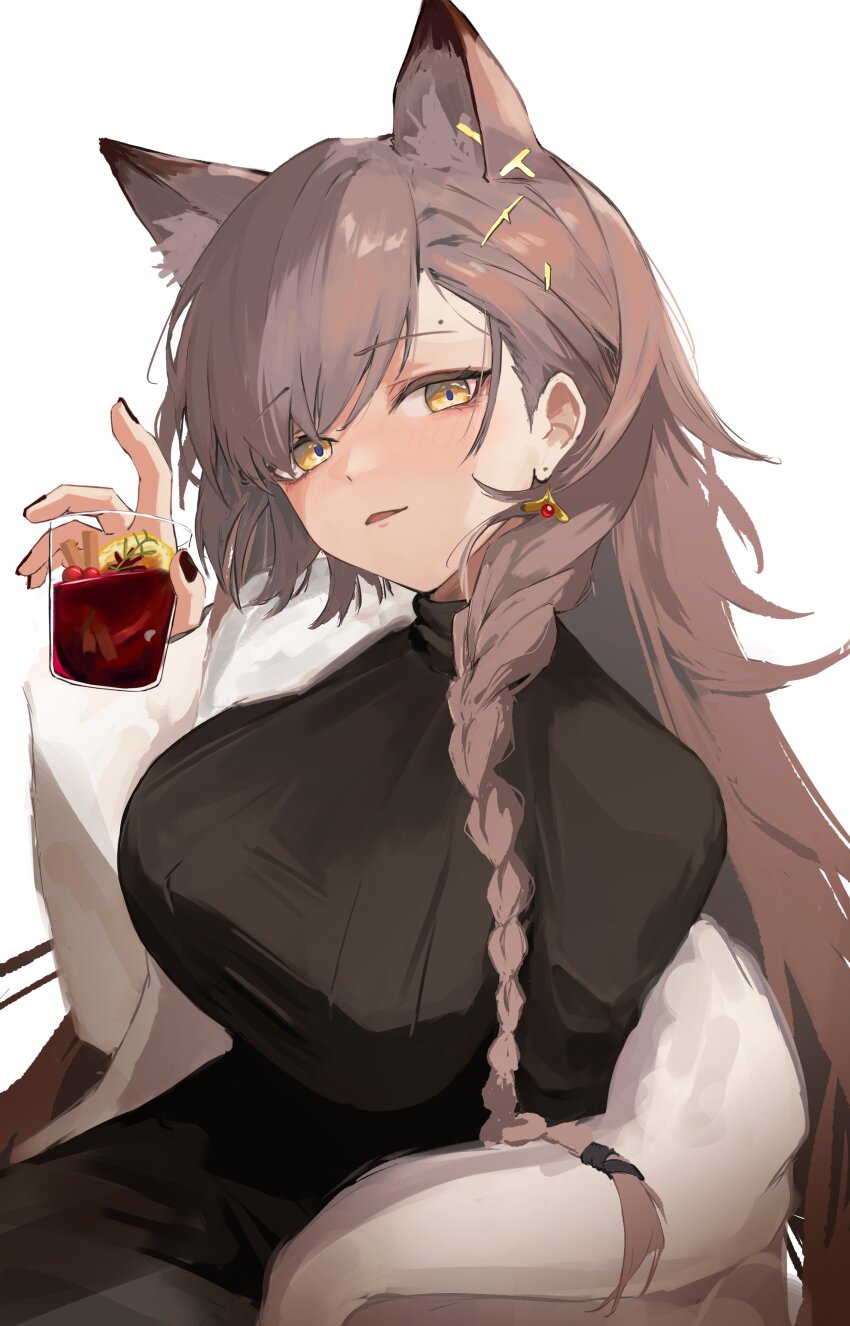 1girl absurdres alcohol animal_ears arknights black_sweater braid brown_hair commentary_request cup drinking_glass earrings extra_ears hair_ornament highres holding holding_cup jacket jewelry long_hair looking_at_viewer mole mole_above_eye nekomatamago official_alternate_costume open_mouth penance_(arknights) penance_(occasionally_flushed)_(arknights) single_braid single_off_shoulder solo sweater turtleneck turtleneck_sweater upper_body whiskey white_jacket wolf_ears wolf_girl yellow_eyes