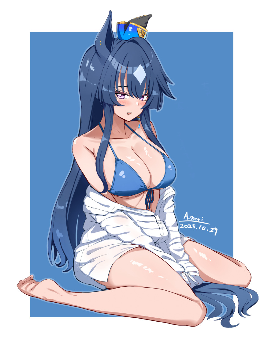 1girl a.nori absurdres animal_ears barefoot bikini blue_bikini blue_hair blush breasts cleavage commentary_request feet full_body highres horse_ears horse_girl horse_tail large_breasts long_hair looking_at_viewer off_shoulder open_mouth purple_eyes shirt simple_background sitting smile solo swimsuit tail thighs toes umamusume verxina_(umamusume) wariza white_shirt