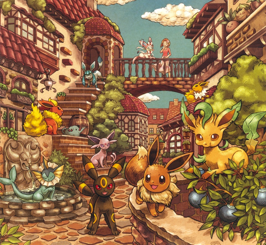 :d absurdres aroma_lady_(pokemon) berry_(pokemon) blue_eyes blue_sky brown_eyes brown_hair building bulbasaur bush closed_eyes closed_mouth cloud day eating eevee espeon fangs flareon flower flower_in_mouth fountain game_freak gen_1_pokemon gen_2_pokemon gen_4_pokemon gen_5_pokemon gen_6_pokemon glaceon hair_flower hair_ornament hanging_plant highres holding holding_flower jolteon lampent leafeon matsuri_(matsuike) mouth_hold nintendo oddish official_art open_mouth oran_berry phanpy pink_flower pink_shirt plant planter pokemon pokemon_(creature) pokemon_oras pokemon_tcg potted_plant purple_eyes pyroar pyroar_(male) red_eyes shirt short_hair skirt sky smile stairs standing sylveon third-party_source town umbreon vaporeon water white_skirt window