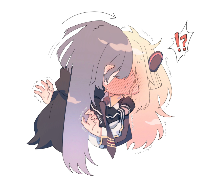 !? 2girls blonde_hair blush chibi collared_dress commentary_request dress duel_monster emptyayya from_side full-face_blush gloves grabbing_another&#039;s_shoulder grey_hair highres kiss long_hair long_sleeves multiple_girls necktie pantyhose scarf sky_striker_ace_-_raye sky_striker_ace_-_roze surprised thighhighs trembling twintails two-tone_dress yu-gi-oh! yuri