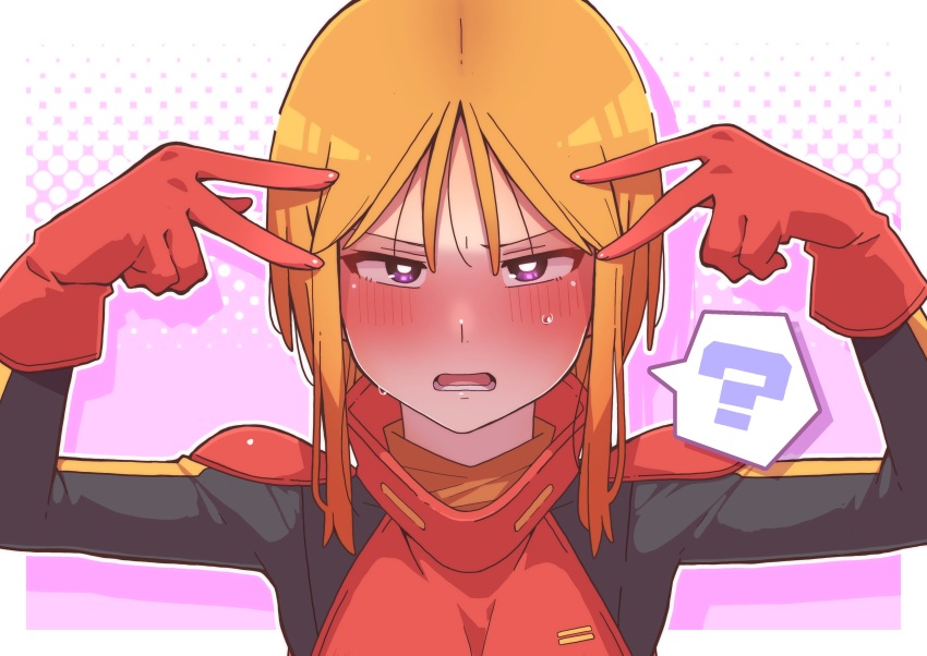 1girl ? absurdres blue_eyes blush bright_pupils commentary_request double_v embarrassed emotional_engine_-_full_drive gloves gundam gundam_zz hand_gesture highres hoshino_ai&#039;s_pose looking_at_viewer mecha_pilot_suit normal_suit_(gundam) onimaru_(onimal7802) open_mouth orange_hair oshi_no_ko pilot_suit purple_eyes puru_two short_hair sidelocks solo sweat teeth tongue upper_body v white_pupils