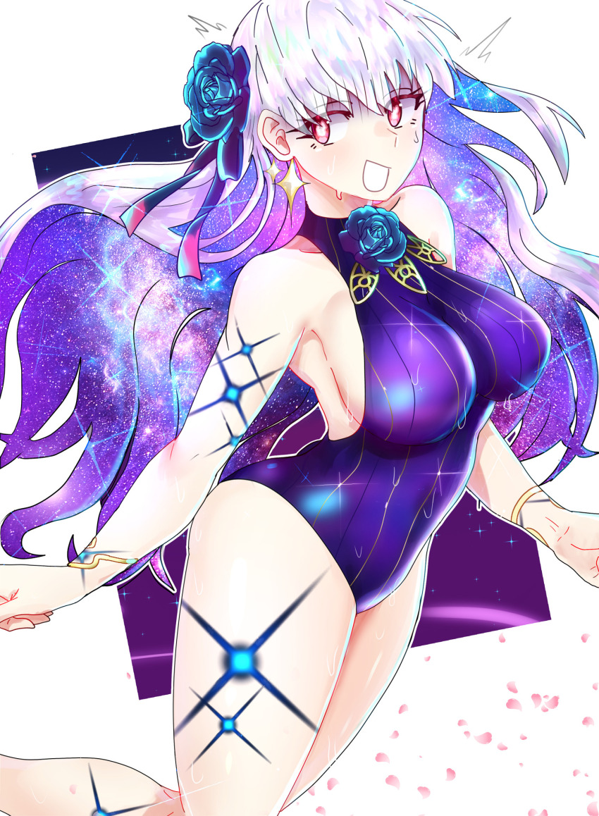 1girl bare_shoulders blush body_markings bracelet breasts earrings ebora fate/grand_order fate_(series) fire flower hair_flower hair_ornament hair_ribbon highres jewelry kama_(fate) kama_(swimsuit_avenger)_(third_ascension)_(fate) large_breasts long_hair looking_to_the_side lotus_hair_ornament metal_bracelet multicolored_hair navel red_eyes ribbon simple_background solo star_(symbol) star_earrings starry_hair swimsuit two-tone_hair white_background white_hair