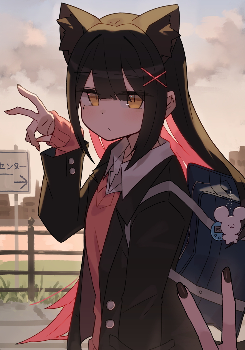 2girls absurdres animal_ears arrow_(symbol) bag bag_charm black_hair black_jacket black_nails blue_sky brown_eyes cat_ears charm_(object) cloud collared_shirt commentary_request hair_ornament hairclip hand_in_pocket hand_up highres jacket katsu_(katsupainter) long_sleeves looking_at_viewer mole mole_under_eye multicolored_hair multiple_girls nail_polish open_clothes open_jacket original out_of_frame outdoors pink_hair pink_sweater railing school_bag school_uniform shirt sign sky sleeves_past_wrists solo_focus sweater two-tone_hair v white_shirt x_hair_ornament