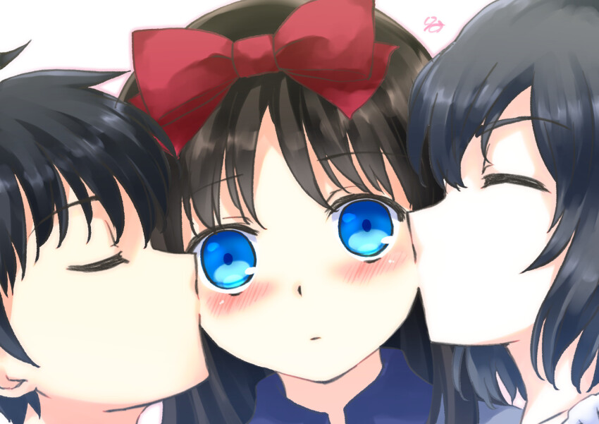 1girl 2boys alternate_hair_color blue_eyes blush bow brother_and_sister cheek_kiss commentary_request double_cheek_kiss hair_bow kiss kissing_cheek lo_lis multiple_boys no_eyewear siblings signature tohno_akiha tohno_shiki tohno_shiki_(2) tsukihime