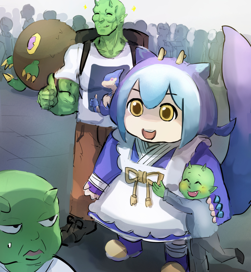1girl 3boys apron blue_hair cameo crowd dragon_girl dragon_tail duel_monster goblin hatano_kiyoshi highres horns hug kuriboh laundry_dragonmaid maid maid_apron mascot_costume mikudayo multiple_boys muscular muscular_male neo-spacian_aqua_dolphin parody smile standing tail vocaloid wa_maid yellow_eyes yu-gi-oh!