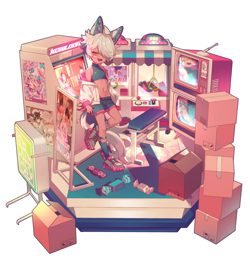 1boy animal_ears arcade_cabinet black_shirt black_shorts black_socks box cardboard_box commentary crane_game dark-skinned_male dark_skin diorama fake_animal_ears full_body grey_eyes grey_socks hair_over_one_eye highres jacket legwear_garter male_focus mechanical_ears off_shoulder open_clothes open_jacket open_mouth orange_eyes original ozureiji pink_trim poster_(object) shirt short_hair shorts sleeveless sleeveless_shirt smile socks solo symbol-only_commentary tail television turtleneck turtleneck_shirt white_jacket white_socks
