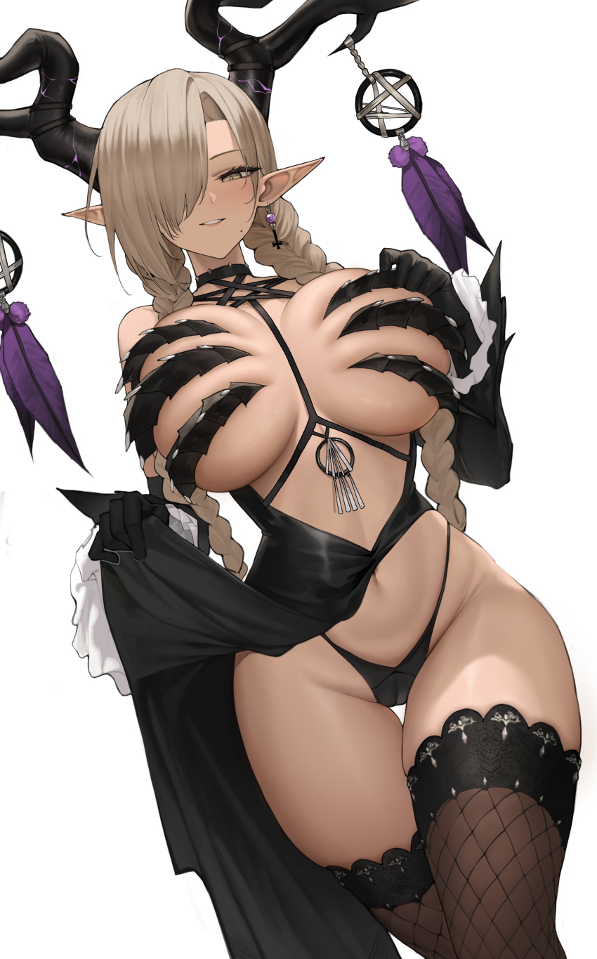 1girl absurdres azur_lane black_gloves black_panties black_thighhighs braid breasts brown_eyes brown_hair cameltoe claw_bra clothes_lift commentary_request curled_horns curvy dress dress_lift dutch_angle earrings feathers fishnet_thighhighs fishnets gloves groin hair_over_one_eye highleg highleg_panties highres horn_ornament horns huge_breasts jewelry l_ract long_hair looking_at_viewer low_twin_braids mole mole_under_mouth navel official_alternate_costume owari_(azur_lane) owari_(my_wish_is_for_love)_(azur_lane) paid_reward_available panties parted_lips pentagram pointy_ears purple_feathers simple_background solo thigh_gap thighhighs twin_braids underwear very_long_hair white_background