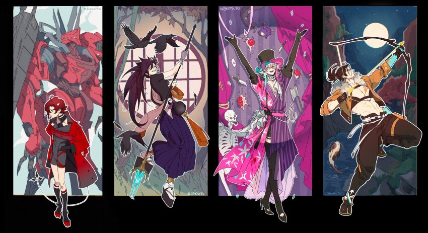 4boys abs ahoge arm_across_waist arms_up axe banzoin_hakka banzoin_hakka_(1st_costume) beard_stubble belt bird black_border black_gloves black_hair black_shirt blue_eyes blue_hair blue_skin bodysuit boots border bow_(weapon) bracelet card chest_tattoo claws collared_jacket colored_extremities colored_skin confetti covered_navel creature crossed_bangs crow earrings elbow_gloves facial_hair fake_tail feather_hair_ornament feathers fingerless_gloves flying from_side full_body full_moon fur_collar gavis_bettel gavis_bettel_(1st_costume) gloves gradient_hair hair_between_eyes hair_ornament hakama hand_on_own_hip hat heterochromia high_heel_boots high_heels highres holding holding_bow_(weapon) holding_polearm holding_weapon holostars holostars_english holotempus jacket japanese_clothes jerry_(gavis_bettel) jester jewelry josuiji_shinri koi long_hair machina_x_flayon machina_x_flayon_(1st_costume) male_focus mecha mecha_pilot_suit moon multicolored_hair multicolored_skin multiple_boys muscular muscular_male night night_sky okobo one-eyed open_clothes open_jacket phantom_(gavis_bettel) pink_eyes pink_hair platform_sandals playing_card polearm ponytail purple_hakama purple_sash purple_skin red_hair red_jacket reverse_grip robot sandals sash scarf screetuber shirt short_sleeves skeleton sky socks spear stubble sweatdrop tabi tail tassel tattoo tentacles thigh_boots tomato top_hat tree two-handed virtual_youtuber weapon white_hair