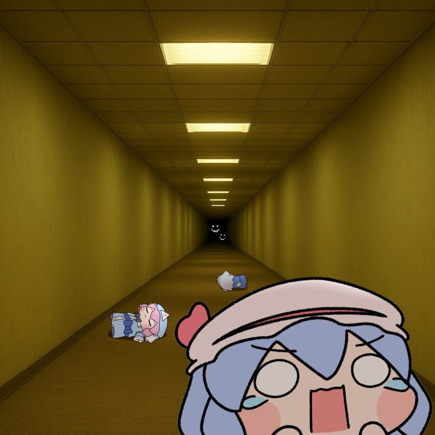 3girls backrooms_(creepypasta) blue_hair chasing chibi closed_eyes commentary_request crying fleeing hat hat_ribbon highres indoors inu_sakuya_(nejikirio) izayoi_sakuya mob_cap multiple_girls open_mouth pink_hat red_ribbon remilia_scarlet ribbon saigyouji_yuyuko scared screaming short_hair smiler_(backrooms) tears touhou wide-eyed y75zei