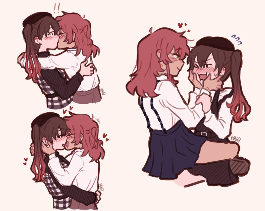 ! !! 2girls black_hat black_shirt black_skirt blush bocchi_the_rock! brown_hair commentary ear_blush english_commentary flying_sweatdrops gradient_hair hand_in_another&#039;s_hair hand_on_another&#039;s_waist hat heart highres hiimross holding_another&#039;s_wrist kiss kita_ikuyo leg_lock long_hair long_sleeves multicolored_hair multiple_girls ootsuki_yoyoko open_mouth red_hair shirt simple_background sitting sitting_on_lap sitting_on_person skirt smile suspender_skirt suspenders twintails white_shirt yellow_background yuri