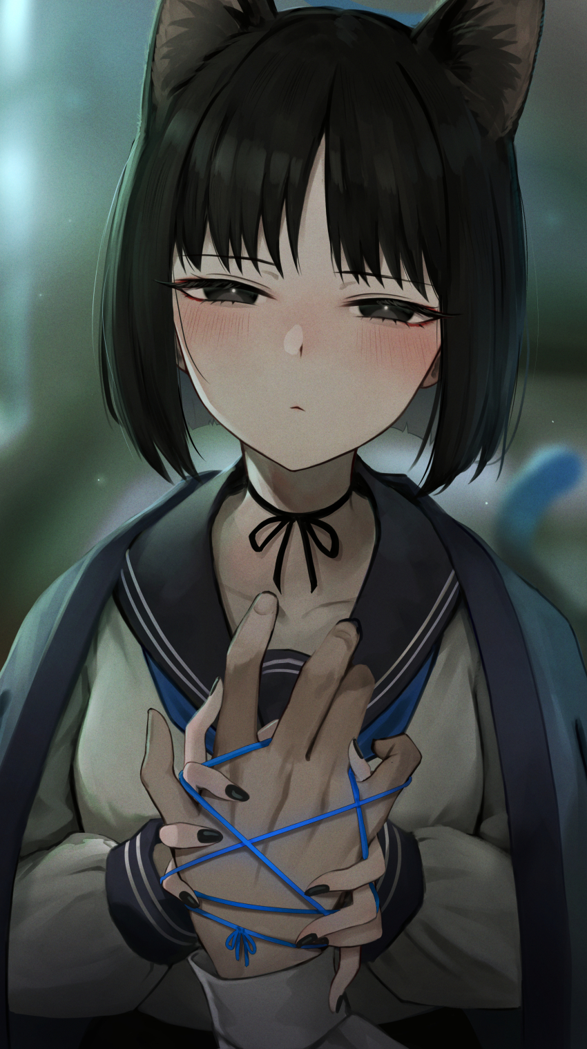 1boy 1girl absurdres animal_ears black_eyes black_hair black_nails blue_archive blue_halo blue_neckerchief blue_string blush cat&#039;s_cradle cat_ears cat_tail choker halo haori hetero highres holding_hands japanese_clothes kai_(esugi) kikyou_(blue_archive) long_sleeves looking_at_viewer nail_polish neckerchief ribbon_choker sailor_collar school_uniform serafuku short_hair tail