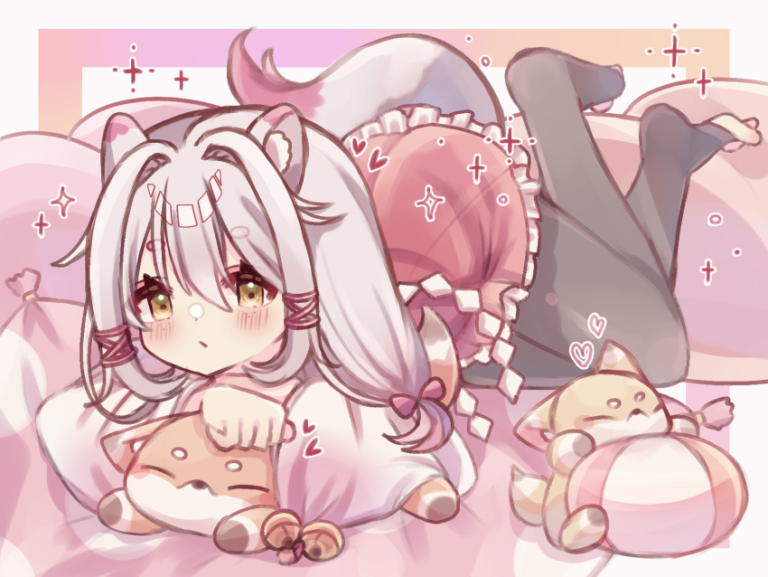 1girl animal_ears ball black_bodysuit body_freckles bodysuit bow breasts commission fox fox_ears fox_girl fox_tail freckles frills fur_collar gohei hair_between_eyes hair_bow hair_ornament hair_ribbon highres indie_virtual_youtuber japanese_clothes kagari_kitsune large_breasts long_hair long_sleeves lying messy_hair multicolored_hair nontraditional_miko pink_hair raimu_(ranse237) red_ribbon ribbon sidelocks skeb_commission skirt sleeves_past_fingers sleeves_past_wrists slit_pupils tail white_hair yellow_eyes