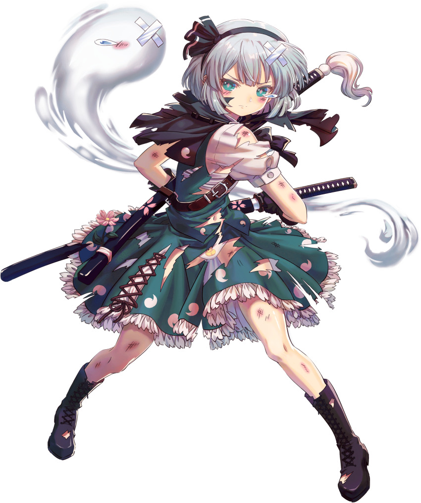 &gt;:( 1girl absurdres belt black_capelet black_footwear black_hairband boots bra capelet chest_sarashi crossed_bandaids duck_print flower frilled_skirt frills game_cg green_skirt green_vest hairband highres holding holding_sword holding_weapon injury katana konpaku_youmu konpaku_youmu_(ghost) kumio navel non-web_source panties pink_flower sarashi scabbard sheath shirt skirt sword tachi-e teardrop torn_boots torn_clothes torn_footwear torn_shirt torn_skirt torn_vest touhou touhou_blooming_chaos underwear v-shaped_eyebrows vest wakizashi weapon white_bra white_hair white_panties white_shirt