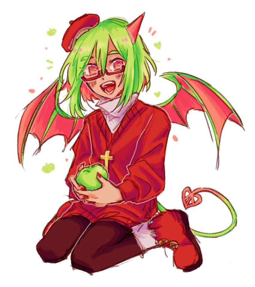 1girl boots brown_pantyhose collared_shirt cross cross_necklace demon_horns demon_tail demon_wings food fruit funamusea haiiro_teien highres holding holding_food holding_fruit horns jewelry long_sleeves necklace pantyhose red_boots red_sweater rigel_(rirituuus) shirt simple_background sitting socks solo sweater tail wariza white_background white_shirt white_socks wings yosafire_(funamusea)