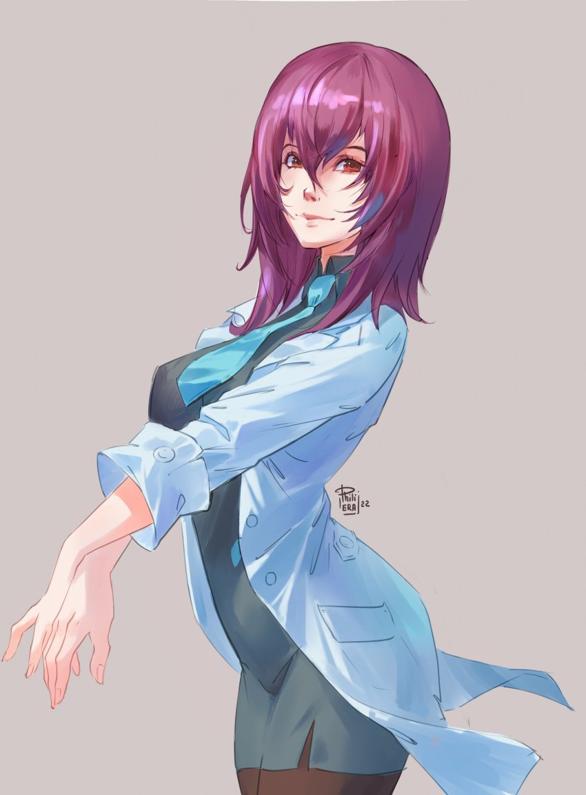 1girl absurdres black_pantyhose blue_necktie breasts crossed_arms grey_background grey_jacket grey_skirt hair_between_eyes highres jacket kouzuki_yuuko lab_coat medium_breasts medium_hair military military_uniform muv-luv muv-luv_alternative necktie pantyhose philiera purple_hair red_eyes skirt smile solo