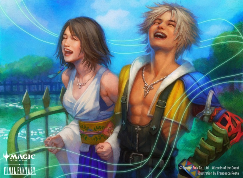 1boy 1girl black_bra black_overalls blonde_hair bra bra_peek brown_hair closed_eyes commentary copyright_name copyright_notice detached_sleeves english_commentary final_fantasy final_fantasy_x hakama hakama_skirt head_back highres japanese_clothes jewelry laughing magic:_the_gathering necklace niji707 obi official_art overalls purple_hakama railing sash short_hair skirt smile tidus underwear yuna_(ff10)