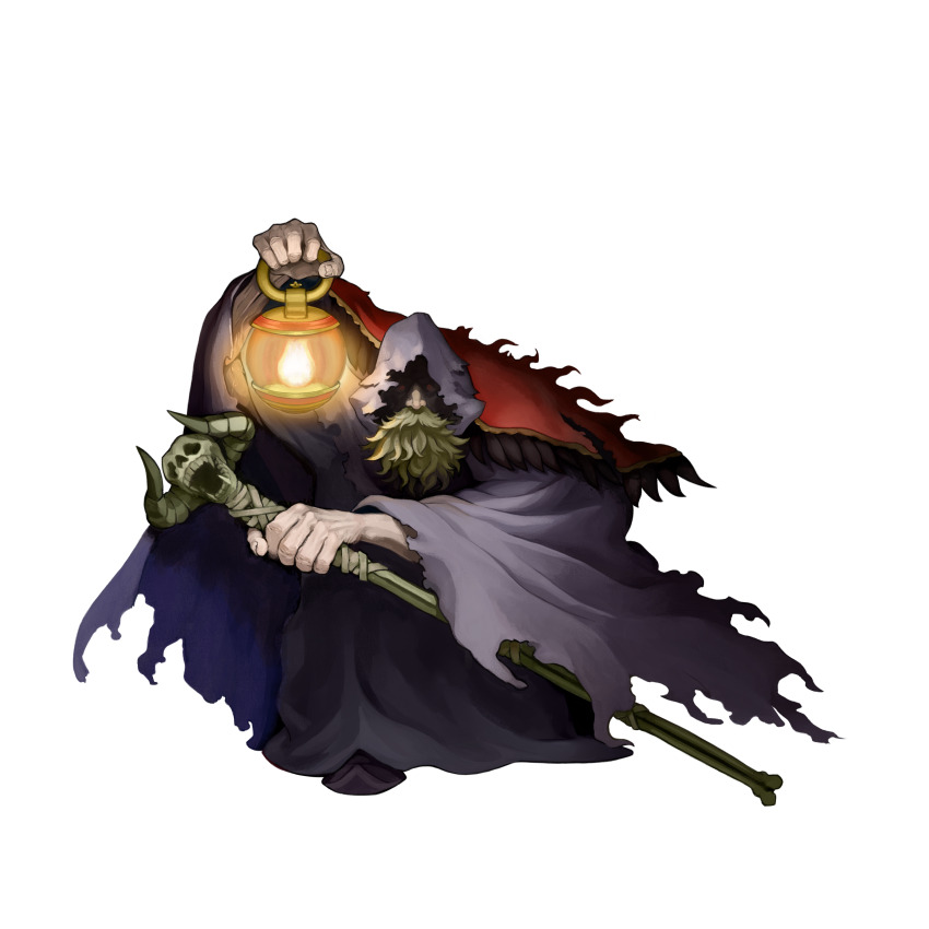 1boy absurdres baltro_(unicorn_overlord) beard black_cloak black_feathers black_shoes cape cloak facial_hair feather-trimmed_cape feather_trim feathers green_facial_hair highres holding holding_lantern holding_staff hood hood_up hooded_cloak lantern noma_takafumi official_art old old_man pointy_footwear psd_available red_cape red_eyes shadow shoes simple_background skull solo staff third-party_source transparent_background unicorn_overlord
