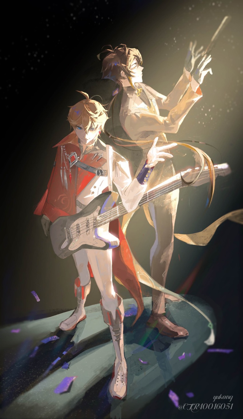 2boys absurdres conductor_baton dark_background genshin_impact guitar highres instrument maestro multiple_boys official_alternate_costume spotlight tartaglia_(genshin_impact) yukong1 zhongli_(genshin_impact)