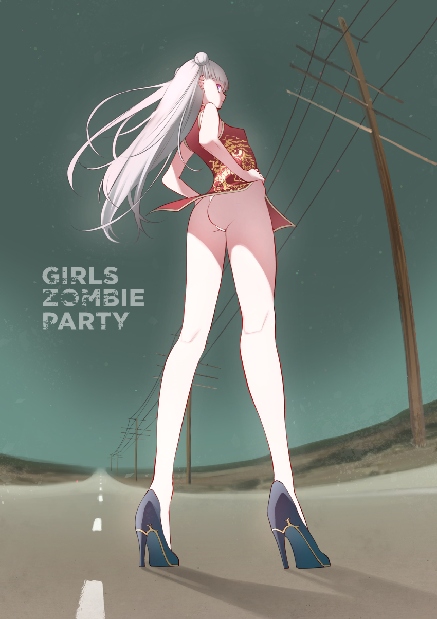 1girl absurdres ass china_dress chinese_clothes double_bun dragon_print dress from_below full_body girls_zombie_party hair_bun hands_on_own_hips high_heels highres kojima_takeshi long_hair long_legs looking_at_viewer panties print_dress road solo tenshi_maria thong underwear utility_pole white_panties