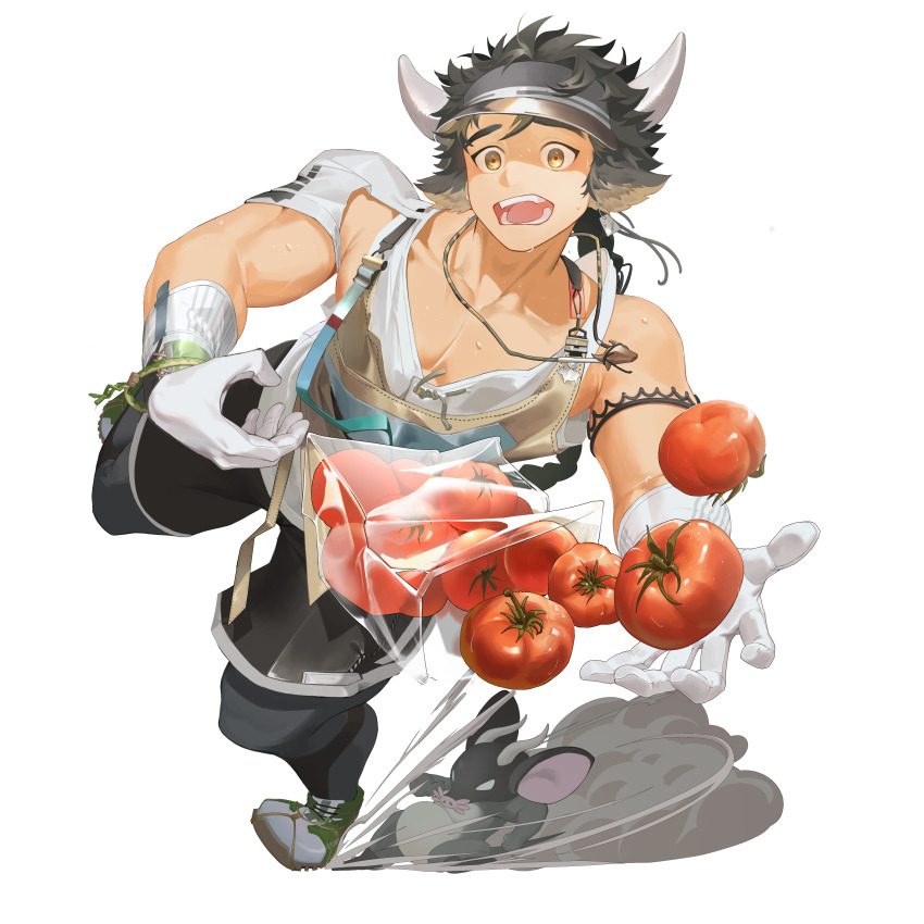 1boy absurdres animal_ears arknights black_pants brown_eyes cow_boy cow_ears cow_horns gloves haruki_(haruki096) highres horns jewelry male_focus muscular muscular_male necklace open_mouth pants pectoral_cleavage pectorals shirt simple_background solo sweat teeth tomato transparent_background wan_qing_(arknights) wan_qing_(tons_of_sunshine)_(arknights) white_gloves white_shirt