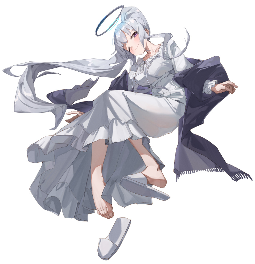 1girl absurdres blue_archive dress floating_hair full_body grey_hair halo highres jacket long_hair long_sleeves noa_(blue_archive) noa_(pajamas)_(blue_archive) one_eye_closed open_clothes open_jacket ponytail purple_eyes simple_background single_slipper slippers solo summer_(724788381) unworn_slippers very_long_hair white_background white_dress