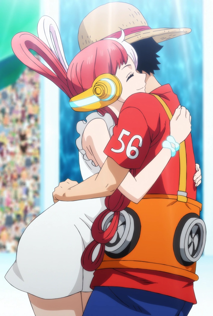 1boy 1girl anime_screenshot bare_legs bare_shoulders black_hair curvy dress hair_over_one_eye happy headphones highres hug long_hair monkey_d._luffy multicolored_hair multiple_others one_piece one_piece_film:_red red_hair ryona third-party_edit toei_company two-tone_hair uta_(one_piece) very_long_hair white_dress white_hair wide_hips