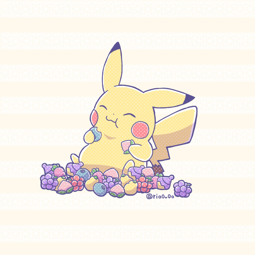 animal_focus berry_(pokemon) bluk_berry chesto_berry chewing closed_eyes closed_mouth commentary_request dot_nose eating full_body gen_1_pokemon highres nintendo oran_berry pecha_berry pikachu pokemon pokemon_(creature) razz_berry rio_(rio0v0o) sitrus_berry solo twitter_username