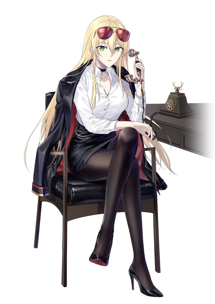 1girl absurdres antique_phone aviator_sunglasses black_jacket black_pantyhose black_skirt blonde_hair breasts choker cleavage cross eyewear_on_head fingernails green_eyes hair_between_eyes hand_up high_heels highres holding holding_phone jacket jacket_on_shoulders large_breasts long_hair looking_at_viewer on_chair pantyhose parted_lips partially_unbuttoned pencil_skirt phone red-tinted_eyewear shirt shirt_tucked_in sitting skirt solo stg44_(detective&#039;s_sidekick)_(girls&#039;_frontline) stg44_(girls&#039;_frontline) sunglasses suprii tinted_eyewear white_background white_shirt