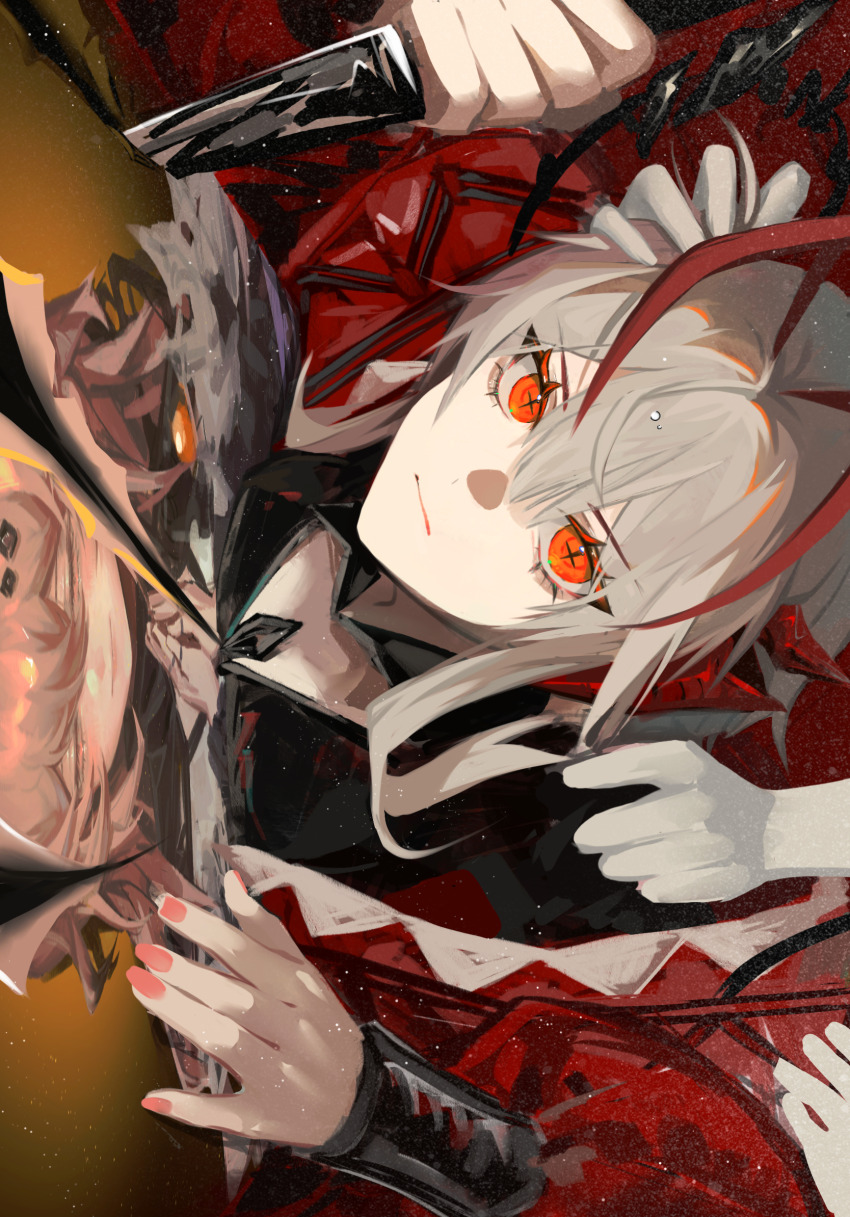 1girl antenna_hair arknights black_jacket black_shorts closed_mouth dagger demon_horns grey_hair highres holding holding_dagger holding_knife holding_weapon horns jacket knife miku17883 pink_nails portrait_(object) red_eyes red_horns red_jacket ripping short_hair shorts solo theresa_(arknights) upper_body w_(arknights) weapon wis&#039;adel_(arknights)