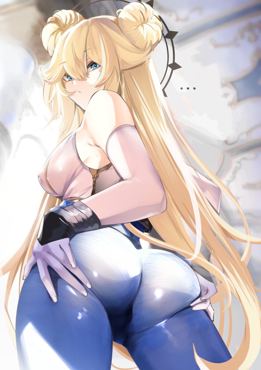 1girl absurdres ass blonde_hair bodystocking breasts brown_dust_(series) brown_dust_2 commentary cosplay english_commentary gloves grabbing_own_ass hand_on_own_ass highres kaneko_lumi long_hair looking_at_viewer looking_back medium_breasts phase_connect pupi_(rain_prophet) skin_tight solo spread_ass spreading_own_ass virtual_youtuber white_gloves wilhelmina_(brown_dust) wilhelmina_(brown_dust)_(cosplay)