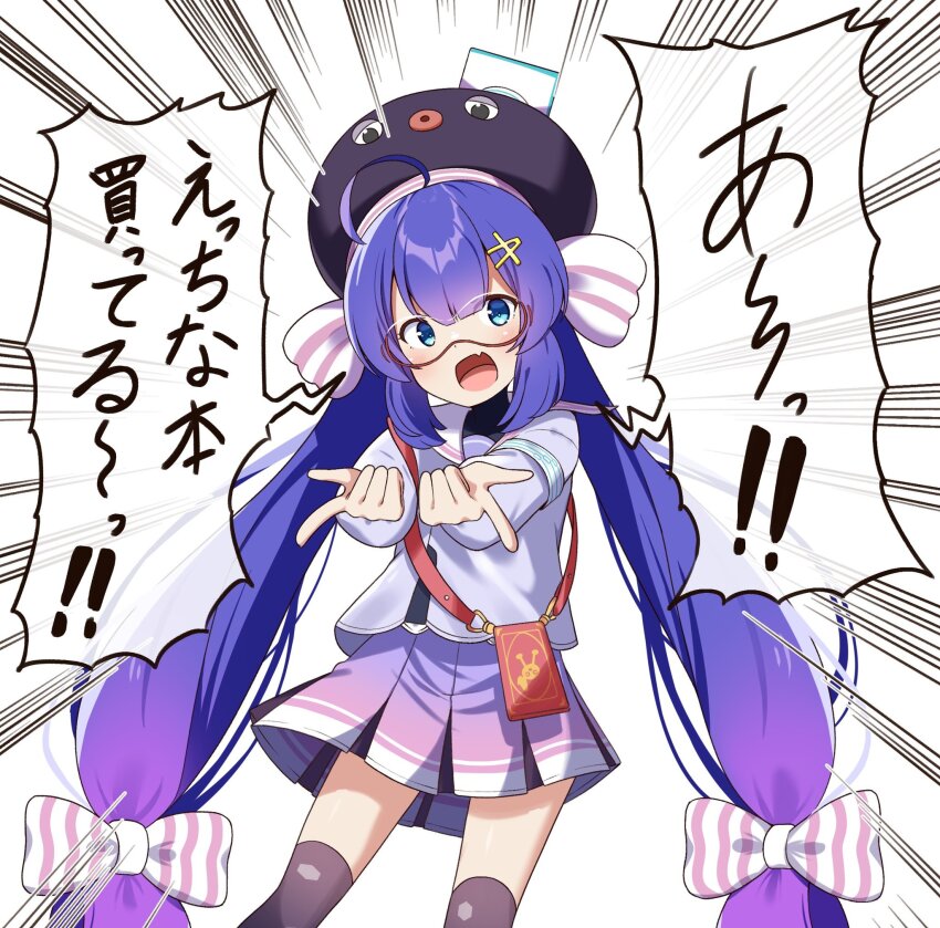 1girl ahoge armband black_hat black_thighhighs black_undershirt blue_eyes blue_hair blue_jacket blunt_bangs bow braid cellphone_strap chaakusu commentary_request cowboy_shot eel_hat emphasis_lines fang goggles gradient_clothes gradient_hair gradient_skirt gradient_thighhighs hair_between_eyes hair_bow hair_ornament hairclip hat hat_ribbon highres honeycomb_(pattern) honeycomb_print jacket large_hat long_hair long_sleeves looking_at_viewer low-braided_long_hair low-tied_long_hair low_twintails mortarboard multicolored_hair multicolored_skirt open_mouth otomachi_una otomachi_una_(voicepeak) over-kneehighs pink_skirt pleated_skirt pointing print_thighhighs puffy_long_sleeves puffy_sleeves purple_hair purple_skirt red-framed_eyewear ribbon safety_pin sailor_collar sailor_jacket shirt shoulder_strap simple_background skin_fang skirt smartphone_case smile solo speech_bubble standing striped_bow striped_ribbon thighhighs translation_request turtleneck turtleneck_shirt twintails variant_set vertical-striped_bow very_long_hair voicepeak white_armband white_background white_bow white_ribbon white_sailor_collar