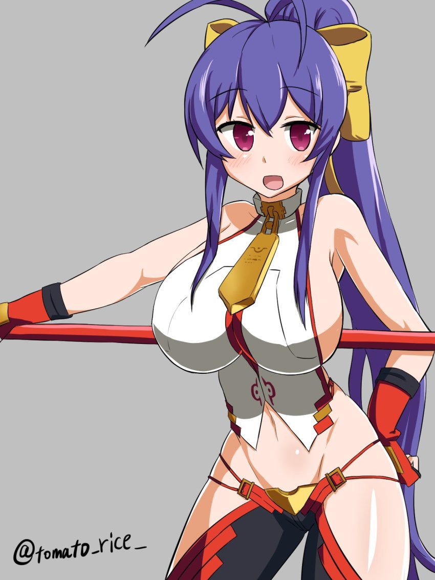 1girl antenna_hair artist_name bare_shoulders black_pants blazblue blazblue:_central_fiction blazblue_variable_heart blue_hair bow breasts gloves hair_bow high_ponytail highres large_breasts long_hair lowleg lowleg_pants magenta_eyes mai_natsume navel open_mouth outseal pants ponytail red_gloves revealing_clothes smile solo tomato_rice very_long_hair yellow_bow