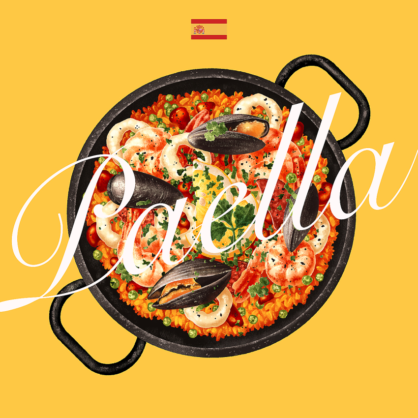 food food_focus food_name fruit highres lemon lemon_slice mussel nasie no_humans original paella rice seafood shrimp simple_background spanish_flag yellow_background