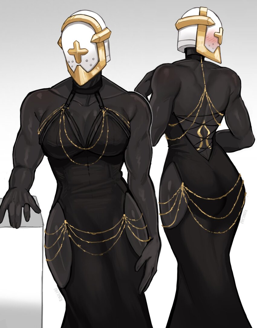 1girl abs angel armor back back_cutout bare_arms bare_shoulders black_dress black_skin blush blush_visible_through_mask body_markings breasts cleavage clothing_cutout colored_skin dress gabriel_(ultrakill) genderswap genderswap_(mtf) genderswap_(otf) gold_trim helmet highres knees_up looking_back looking_to_the_side riinchu side_slit simple_background solo ultrakill white_armor white_background white_helmet