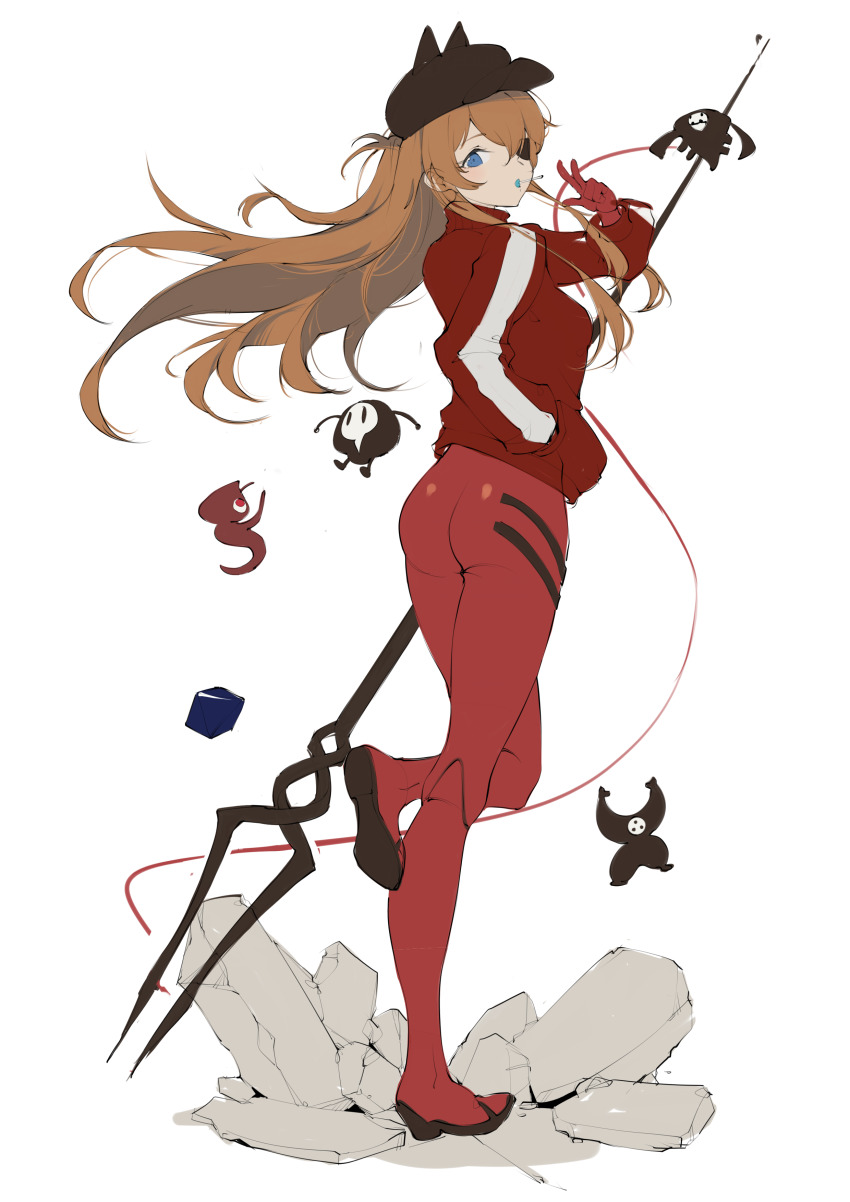 1girl absurdres angel_(evangelion) artist_request ass blue_eyes blush chibi curvy evangelion:_3.0_you_can_(not)_redo eyepatch female_focus hair_between_eyes highres israfel_(evangelion) long_hair looking_at_viewer looking_back mecha_pilot_suit neon_genesis_evangelion plugsuit_(evangelion) ramiel_(evangelion) rebuild_of_evangelion sachiel_(evangelion) shamshel_(evangelion) simple_background solo souryuu_asuka_langley sweater twintails very_long_hair weapon zeruel_(evangelion)