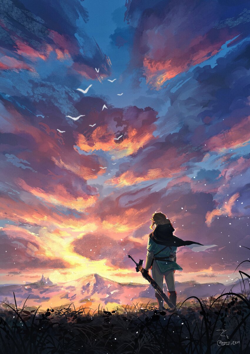 1boy absurdres black_cape blonde_hair blue_tunic boots brown_boots cape champion&#039;s_tunic_(zelda) cloud from_behind grass highres holding holding_sword holding_weapon knee_boots link master_sword medium_hair mountainous_horizon nintendo outdoors pants pointy_ears sheath sheathed simple_bird solo standing sunset sword teto_ten the_legend_of_zelda the_legend_of_zelda:_breath_of_the_wild tunic twitter_username weapon white_pants