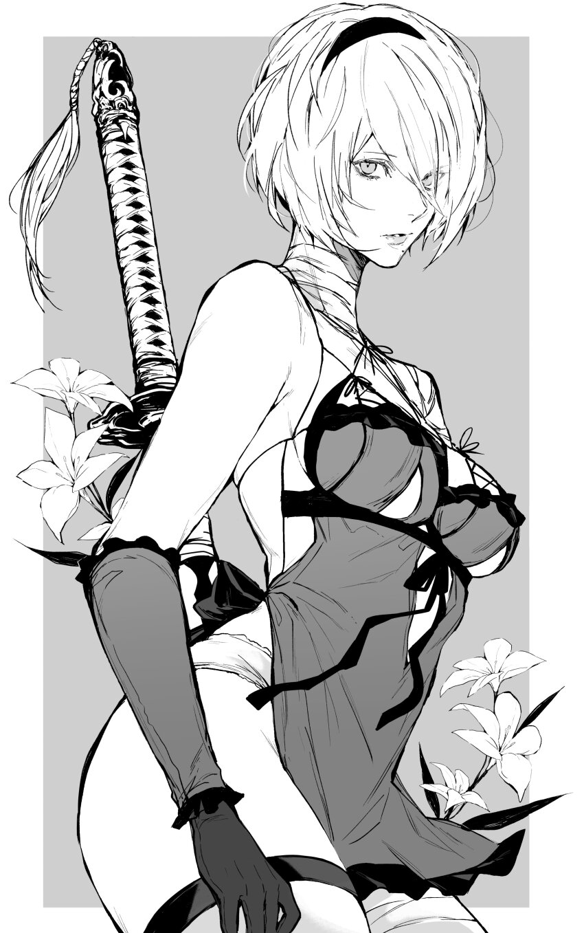 1girl 2b_(nier:automata) absurdres bandage_on_neck bandages bandaid bandaid_on_leg bare_shoulders breasts closed_mouth commentary_request cosplay frills gloves grey_background greyscale hair_ornament hairband highres kaine_(nier) kaine_(nier)_(cosplay) lingerie lips looking_at_viewer medium_breasts mole mole_under_mouth monochrome negligee nier nier:automata nier_(series) nishiii26miii short_hair sleeveless thighhighs thighs underwear weapon