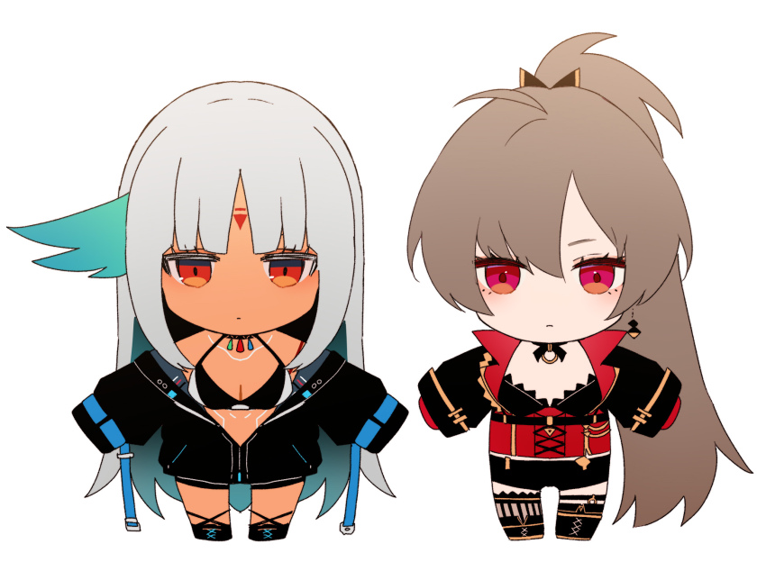 2girls amazuki_jou aqua_hair azur_lane bikini black_bikini black_shoes black_shorts body_markings breasts brown_hair chibi cleavage closed_mouth colored_inner_hair corset dark-skinned_female dark_skin grey_hair highres jean_bart_(azur_lane) long_hair massachusetts_(azur_lane) multicolored_hair multiple_girls pink_eyes ponytail red_corset red_eyes shoes shorts sleeves_past_fingers sleeves_past_wrists swimsuit white_background