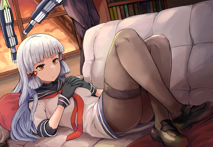 1girl ass black_gloves black_pantyhose black_shoes blunt_bangs blunt_tresses couch dress floating_headgear gloves grey_hair hair_ribbon headgear highres indoors jyanen_tanpopo kantai_collection loafers long_hair lying murakumo_(kancolle) necktie on_back on_couch orange_eyes pantyhose red_necktie ribbon sailor_dress shoes short_eyebrows solo thighband_pantyhose tress_ribbon very_long_hair